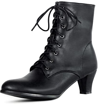 COOLCEPT Donna Vintage Victorian Stivali Stringata Stivali alla Caviglia Almond Toe Tacco Medio Steampunk Stivaletti Zip Black Taglia 38