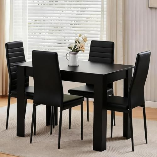 Homullel 110cm Dining Table and 4 Chairs, 4 Seater Kitchen Table and Chairs Set for Space Saving, Compact Dining Room Set for 4, 110x70 cm, Wooden, Walnut Black (4 Seaters, Faux Leather Black)