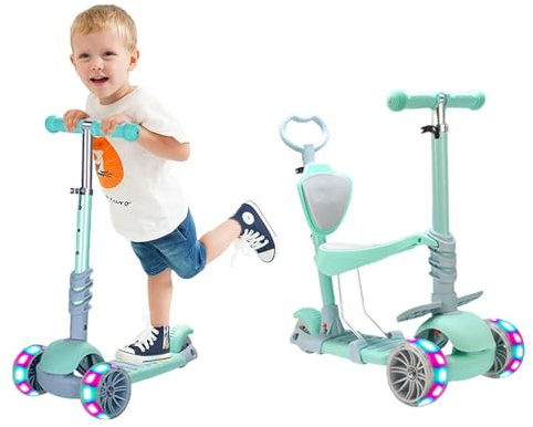 5-in-1 Kinder Roller Scooter mit Abnehmbarem Sitz, 3 PU Leuchtenden Räder, 4 Verstellbaren Höhen, Leicht zu Lenken, Bequeme Rückenlehne, Faltbarer Kinderroller für Mädchen Jungen 1-6 Jahre(Grün)
