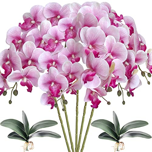 HinyoCo 5 Pz Fiori Orchidea Finta Ramo Artificiali Phalaenopsis Fiori Orchidea con 2 Pz Foglie per Casa Decorazione (Nucleo Viola Fiore Bianco)
