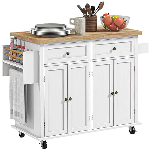 HOMCOM Kitchen Island on Wheels, Rolling Kitchen Storage Trolley with Rubber Wood Top, Drawers, Adjustable Shelves, Towel and Spice Rack for Dining Room, White