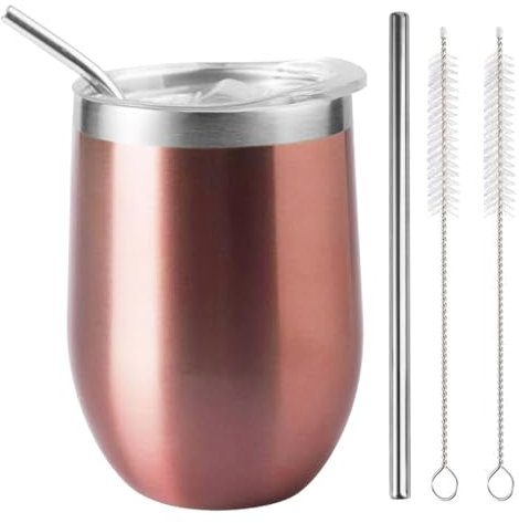 LiangYuanZen Copas de vino de acero inoxidable de 340 ml, con tapa, con una pajita y un cepillo, mantiene el frío y el calor para café, cerveza, champán, leche, cócteles, bebidas, vino, oro rosa.
