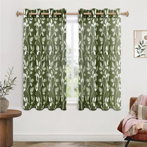 MRTREES Tende Trasparenti in Voile Corte con Occhielli per Interni Finestre Camera da Letto 2 Pezzi, 140x160 CM, Tenda Verde Oliva con Stampa di Foglie per Cucina Soggiorno Salotto Eleganti