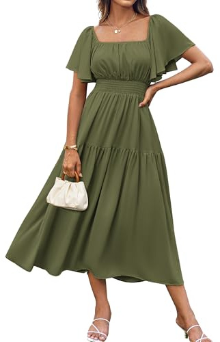 GRACE KARIN Elegant långärmad damklänning med fyrkantig hals och korta puffärmar sommarklänning, olivgrön, L