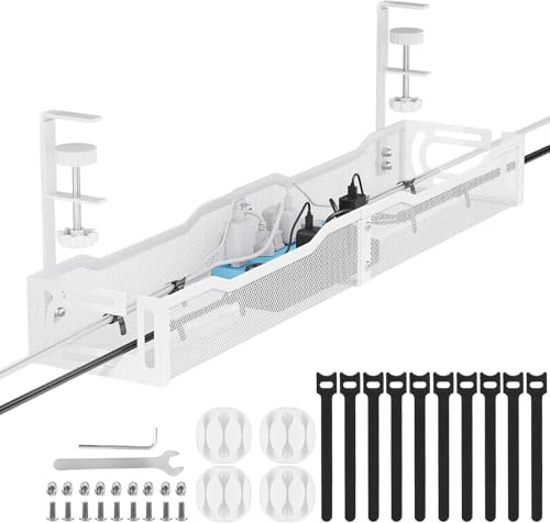 Tivddikun Cable Management, 25''/64CM Long Under Desk Cable Management No Drill, Metal Cable Tidy with Clamp for Standing Desk, Cable Organiser for Home Office, White