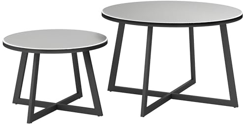 Outsunny Set 2 Tavolini da Giardino, Coppia di Tavolini da Caffè per Esterni con Piano in Vetro Temperato, Struttura in Acciaio, per Balcone e Terrazzo, Ø70x45 cm e Ø50x35 cm, Grigio e Nero