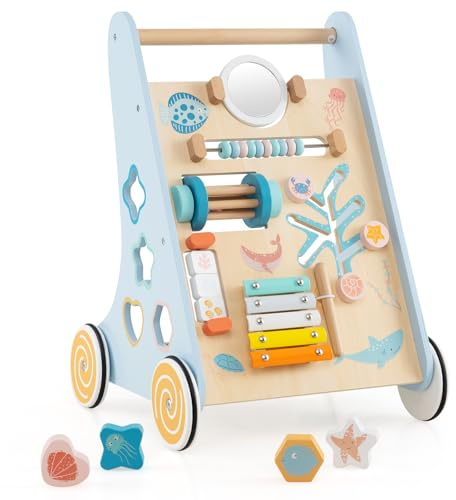 COSTWAY 8 en 1 Chariot de Marche sur Thème Océan avec Miroir & Perles & Tambour, Marcheur D'Apprentissage Bébé avec 4 Blocs & Espace Arrière, Poignée Lisse & 4 Roues, Trotteur Bébé de 12 Mois+