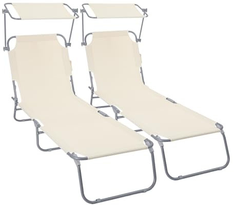 VOUNOT® Set di 2 Lettini Prendisole Pieghevole con Parasole, Sdraio da Spiaggia in Tessuto Poliestere Schienale Regolabile 4 Posizioni, Portata 120kg, per Giardino, Terrazza e Piscina, Beige