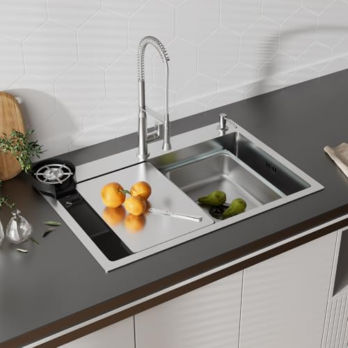 Fregadero Cocina 70 x 45 cm,STANEW Fregadero Acero Inoxidable, Fregadero de Repuesto y Tabla de Cortar y Lavadora de Copas de Alta Presión y Dispensador de Jabón