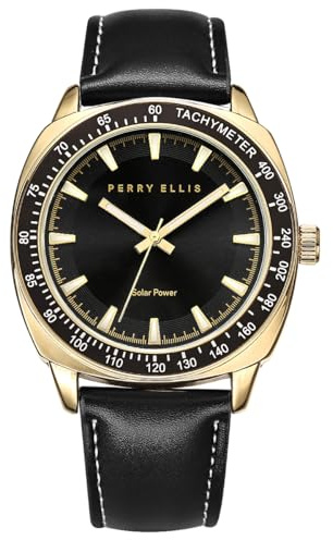 Perry Ellis Solar Powered Men's Watch – Vegan Leather Analog Wrist Watch for Men, Water-Resistant 43mm with Aluminum Tachymeter Bezel, Elegant Gift Choice
