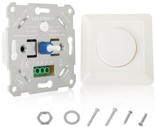 HUAREW LED dimmer 230 V, Dimmer Rotativo Montato a Parete 5-200W interruttore dimmer per LED dimmerabili/alogeni, interruttore della luce da incasso, dimmer girevole con piastra di copertura bianca