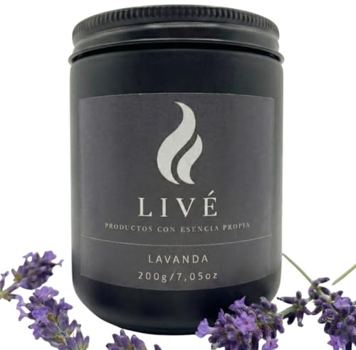 LIVÉ Vela Aromática de Lavanda en Frasco de Cristal Tintado con Tapa Metálica, 40h de Duración, Cera de Soja 100% Natural, Perfume para Hogar, Decoración y Regalo, Reutilizable