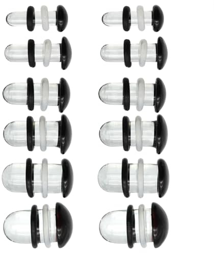 Veloxium 6 par svarta och klara säkra glaspluggar för döda stretchkit, släta glasmätare enkla utsvängda örontunnlar med O-ringar i silikon, bekvämt öronmätarkit, 14G 12G 10G 8G 6G 4G 2G 0G 00G 0G 1,5