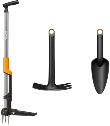 Fiskars Ergonomic Set Base da Giardino, 3 Pezzi, Estirpatore, Zappa e Paletta, per Diserbo, Lavorazione del Terreno e Piantagione, Nero/Arancione, 1082772