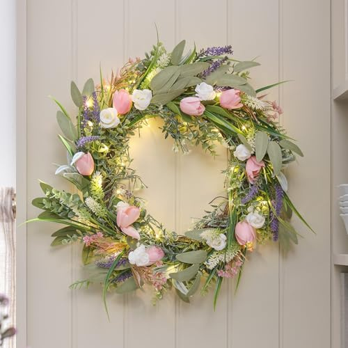 Lights4fun Corona de primavera con flores artificiales como tulipanes y lavanda, rosas blancas, LED de color blanco cálido, con temporizador de 6 horas, funciona con pilas, decoración de Pascua y