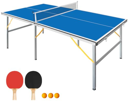 GYMFLEX 182 x 91 cm bordtennisbord, vikbart och bärbart mellanstor ping pong bordsset för inomhus- och utomhusspel med nät, 2 bordtennisracket och 3 bollar, ljusblå bordsskiva