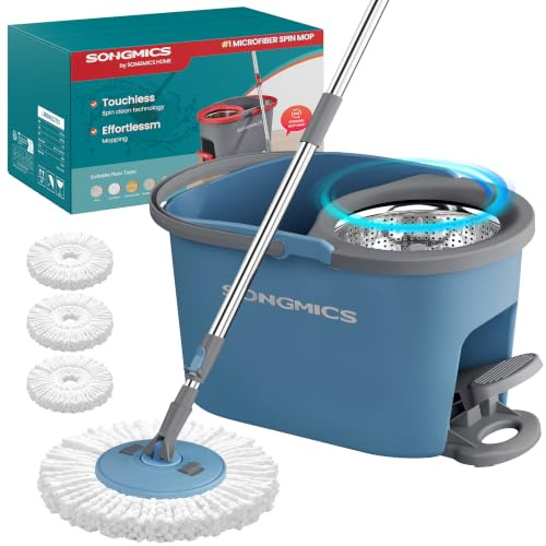 SONGMICS Mops & Bucket Sets LMB002QT03 | with Pedal Wringer, Floor Cleaning, Adjustable Telescopic Handle 122.5-150 cm, 360° Rotating Head, Blue and Grey LMB002QT03