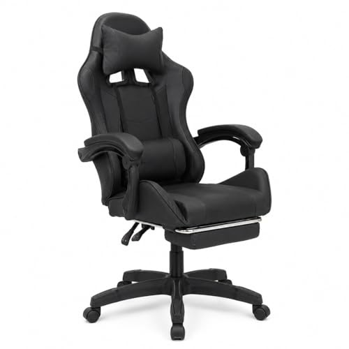 GARDENIA Poltrona Gaming Nera in Ecopelle, Sedia da Gaming Ergonomica con Seduta Imbottita, Schienale Reclinabile, Poggiapiedi Estraibile, Cuscino Lombare e Ruote in Nylon