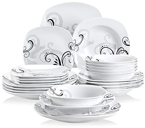 VEWEET 'Zoey' 24-Piece Dinner Set Ivory White Black Decals Combination Sets Porcelain Tableware Set with Bowls Dessert Plates Soup Plates Dinner Plates Service for 6