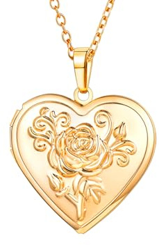 U7 Collana Donna Medaglione Portafoto Cuore Rosa Fiore Ciondolo Portafoto + Catena Regolabile, Collana Donna Cuore Apribile Placcato Oro 14K Regalo per Natale Anniversario Compleanno