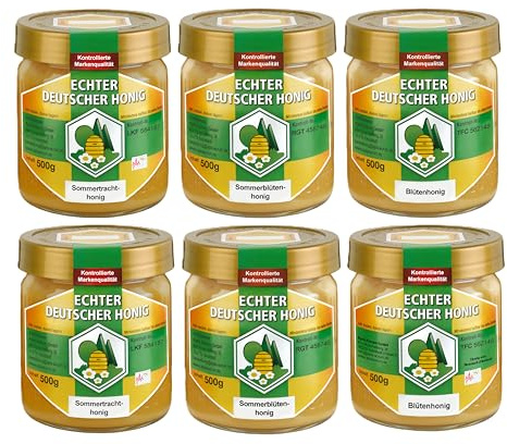 Echter Deutscher Honig - 6 Gläser - Set aus je 2x 500g Blütenhonig, Sommerblütenhonig, Sommertrachthonig