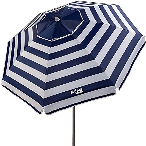 Aktive 62224 - Sombrilla de playa grande, Ø200 cm, Con techo de ventilación, protección UV 50, diseño a rayas marineras, mástil 28-32 mm, mástil flexible, incluye bolsa de transporte, Aktive Beach