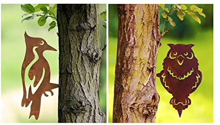 Dekoleidenschaft Lot de 2 pics d'arbre en fer forgé aspect rouille, décoration de jardin, piquet de jardin, piquet de clôture, oiseau, décoration de jardin pour l'extérieur