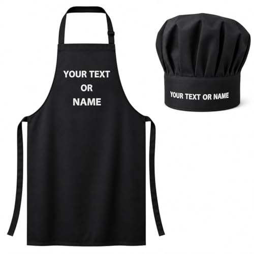 Set personalizzato con cappello da chef e grembiule con nome personalizzato o testo ricamato, grembiule da barbecue e cappello da chef professionale