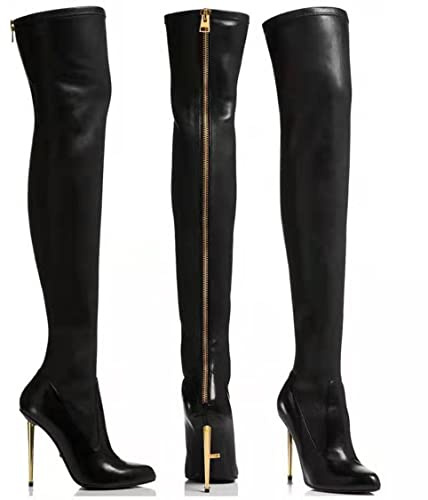 Thigh High Boots for Women, Lady's Over Knee Stiletto Leather Boots Womens Back Zipper Winter Warm High Heel Shoes,Black,6 UK