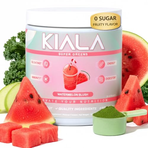 Kiala Nutrition Super Greens, Organic Greens Powder with Spirulina & Chlorella for Digestion, Gut Health, Immunity & Energy, Gluten Free, Vegan, Daily Support for Women, Watermelon Slush, 30 Servings