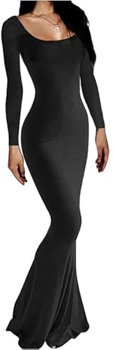 Rongseng Långärmad maxiklänning för kvinnor, figurnära sexig bodycon-klänning, snäv, lång stretch, mjuk fritidsklänning, fiskstjärtklänningar, elegant, enfärgad, aftonklänning, festklänning,