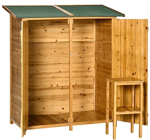 Outsunny Casetta Porta Attrezzi in Legno di Abete, Capanno da Giardino a 2 Ante con Sgabello Alto a 2 Ripiani e Tetto Idrorepellente, 140x75x157 cm