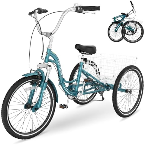 NAIZEA Folding Adult Tricycle - 7 Speed 20/24/26 Inch Folding Tricycle for Adult, 3 Wheel Bike, Foldable Trike with Large Basket/Low-Step Through for Men Women Senior