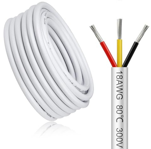 Cable eléctrico de 5 metros 18AWG 3x0,75mm², blanco cable de 3 hilos 5V/12V/24V/300V, cobre estañado, flexible y suave, baja impedancia, alta resistencia a la temperatura, cable de extensión