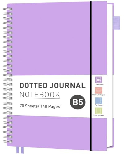 RETTACY B5 Spiral Notebook, Dotted Journal, 140 Pages, Lilac | Flexible Plastic Cover Notepad, 100 GSM Thick Bullet Paper, for Women Men Work Office School - 19 × 25 cm