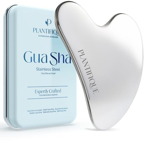 PLANTIFIQUE Gua Sha de Acero Inoxidable - Piedra Gua Sha Facial y Corporal para Tonificar y Reafirmar la Piel - Masajeador Facial para Drenaje Linfático, Guasha Antiarrugas para Masaje Facial