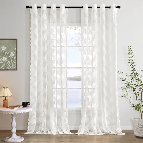MIULEE Tende per Interni di Pizzo Bianco, Tende soggiorno moderne 2 pezzi 150x260 CM, Voile Tenda Finestra Interno Salotto, Tenda Trasparente con Ricami a Foglie,Fantasia Camera da Letto Occhielli
