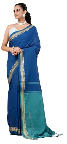 Women's Designer Cotton Indian Handloom Khadi Ethnic Saree With Tassels Unstitched Blouse Piece (blue)