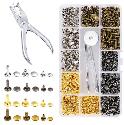 Leather Rivets,180 Pcs Double Cap Rivet with Leather Hole Punch Pliers and Fixing Tool Kit Metal Double Cap Tubular Rivets for DIY Leather Craft Repairs Decoration(Gold/Silver/Bronze/Black)