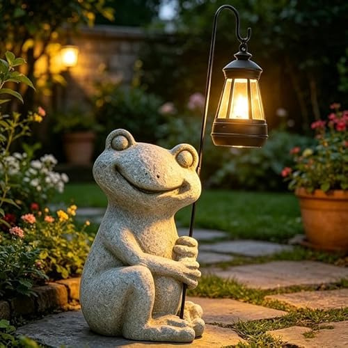 Rppiup Frog Solar Garden Ornaments Outdoor, Solar Frog Statue, Animal Garden Statue Decoration, Weatherproof Durable Resin Fairytale Art Ornament, for Yard Lawn, Housewarming (Gray, 26 * 11 * 10.5cm)