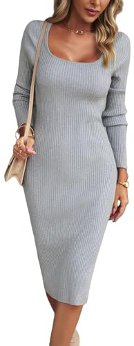 CHENZKBD Abiti da Donna Abiti di Lana A Maniche Lunghe per Colletto Quadrato per Donne Autunno E Temperamento Invernale Elegante Abito Lungo Dell'anca-Grigio-XL