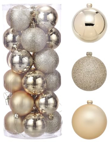 QUARKZMAN 24 Stück Weihnachtskugeln Weihnachtsbaumdekorationen Kugeln Champagner 2,4/6CM Fassverpackt für Partydekoration Hochzeit Feiertag Weihnachtsdekoration