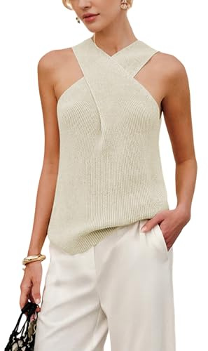 Yeokou Women Halter Cross Over Collar Tank Knit Sleeveless Top Solid Color Casual Summer Blouse(Apricot-M)