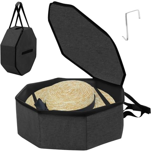 Les-Theresa Large Hat Box 17x7In, Hat Boxes Storage with Lids and Shoulder Strap Hat Storage Box, Hat Case Foldable Beach Bag Hat Carrier, Hat Bag for Travel Closet or Travel (Black)