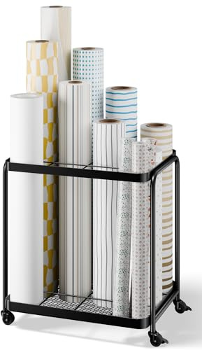 Josmimic Blueprint Storage Rack with Silent Wheels,12 Slots（4.3‘’×3.9‘’） Wrapping Paper Organizer Storage, Sturdy Cart for Organizing Construction Plans, Artwork,Map,Posters in Home/Office/School