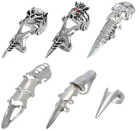 arricraft 6 anelli a dito intero, 6 stili, stile punk, argentato, armatura pieghevole per nocche intere, punk, cosplay, feste di Halloween