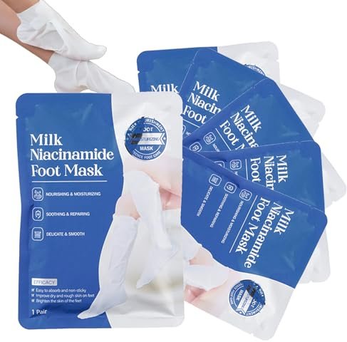 Milk Niacinamide Lot de 6 paires de masques hydratants pour les pieds avec lait et niacinamide, hydratation intense contre les talons craquelés et les pieds secs, pour des pieds doux et soignés