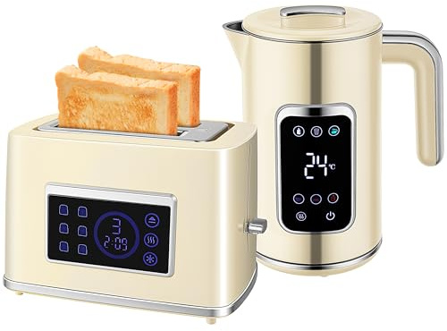 HOMCOM Set Desayuno con Pantalla LED Táctil, Hervidor de Agua 1,7L 2200W, Función Calor Constante, Tostadora de Pan de Ranura Ancha para 2 Rebanadas, 6 Niveles de Tostado, Crema