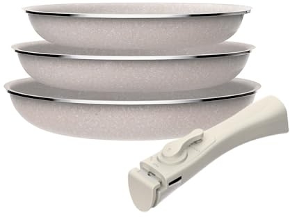 Juego de 3 sartenes Ø18Ø20Ø24cm de aluminio prensado con recubrimiento ILAG + Mango extraíble Click&Cook, Apto inducción, antiadherentes, sin PFOA, apto lavavajillas y horno