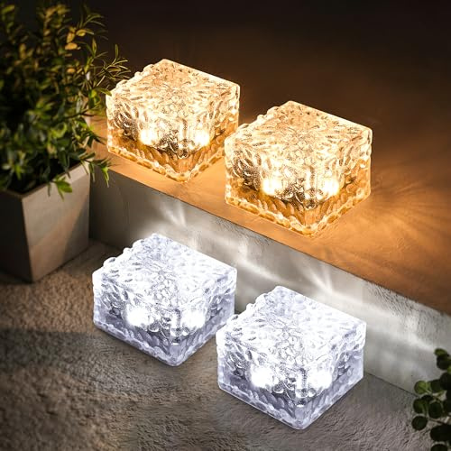 GIGALUMI 4 Pack Solar Lights PVC Brick Outdoor Garden, 2-in-1 Dual Color Warm and Cold White Solar Lights Garden Ornaments Outdoor Waterproof for Path Lawn Pond Patio Ground Driveway